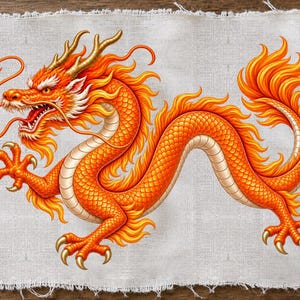 May include: A rectangular piece of off-white fabric with frayed edges featuring a detailed illustration of a vibrant orange and yellow dragon. The dragon has a long serpentine body, sharp golden claws, flowing manes, and a prominent tail.