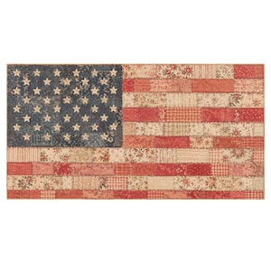 May include: A rectangular flag design featuring the American flag. The blue field with white stars is on the left, and the stripes are made of various floral and patterned fabrics in red, white, and beige.