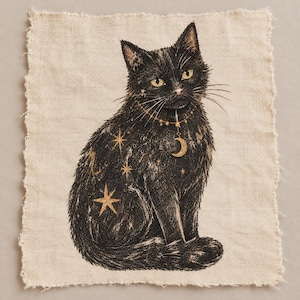 Tessuto stampato con gatto nero celeste – Toppa in tessuto 100% cotone avorio – Applicazione da cucito boho per Halloween