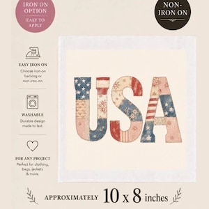 May include: A cream-colored iron-on patch with the word "USA" in red, white, and blue patchwork design. The patch is approximately 10 x 8 inches and features icons indicating it is washable and easy to apply.