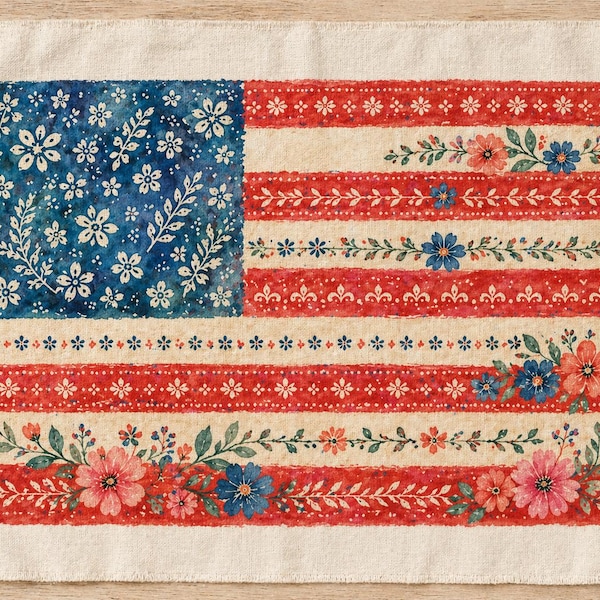 Floral American Flag Fabric Applique