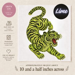 May include: Lime green and black embroidered tiger iron-on patch, measuring approximately 26.7 cm across. The design includes the text "Lime" in a black circle. Additional text includes "Iron On", "Easy to Apply", "Easy Iron On", and "Washable".