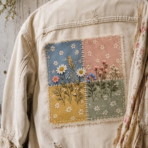 Quilted Wildflower Fabric Panel | Faux Patchwork Cottagecore Print, Sewing Craft Material