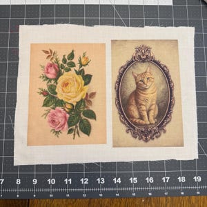 May include: Two fabric panels with vintage-style prints. One features a bouquet of pink and yellow roses. The other displays a ginger cat in an ornate oval frame. The panels are on a gray cutting mat.