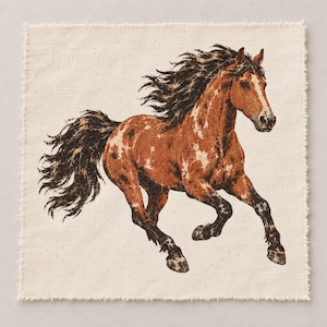 Peut inclure: Un carré de tissu blanc cassé aux bords effilochés présentant une illustration imprimée d'un cheval tacheté marron et noir en mouvement. Le cheval a une crinière et une queue sombres et fluides, son corps est orienté vers la droite.