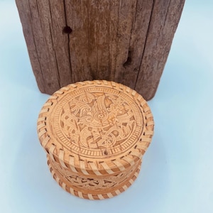 Handmade Folk Art Vintage Russian Birch Bark and Leather Trinket Box