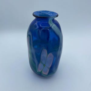 Vintage Cobalt Blue Flowers Handblown Blue Art Glass Vase Signed