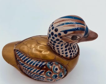 メキシコ アヒルの置物　トナラ焼　真鍮と手描きの陶器製　ヴィンテージ ヴィンテージ トナラ陶器のアヒル、ロイヤルブルー、真鍮オーバーレイ