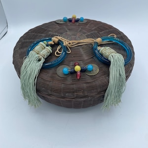 Cesta de costura chinesa redonda grande antiga