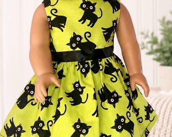 Halloween Doll Dress fits 18 inch Doll Black Cats / Bright Green