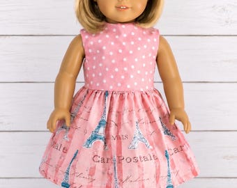 Vestido para muñeca rosa melocotón con lunares y la Torre Eiffel de París, apto para muñecas de 45 cm (18 pulgadas).