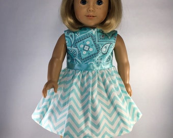 Turquoise and White Chevron Dress with Bandana fits 18 inch American dolls