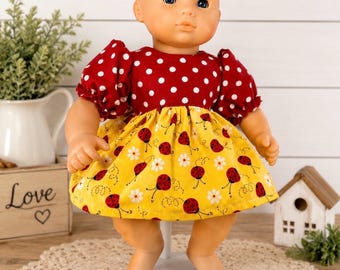 Top de vestido para muñeca con estampado de mariquitas y lunares, hecho para muñecas de 15 pulgadas.