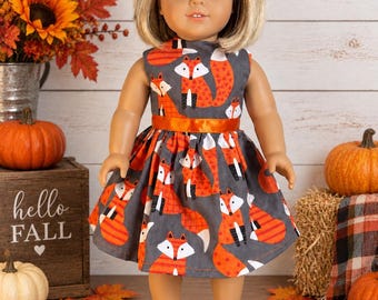 Vestido y zapatos de otoño hechos a mano para muñeca, tela de algodón Fox, ropa para muñeca de 45 cm (18 pulgadas)