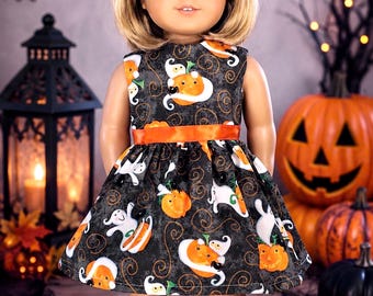 Vestido de muñeca de Halloween hecho a mano, tela de algodón con estampado de calabaza fantasma, ropa para muñeca de 45 cm (18 pulgadas)