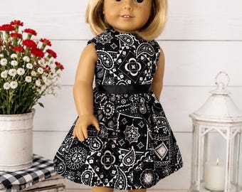 Vestido para muñeca de 45 cm (18 pulgadas) - Estampado de pañuelo negro, ropa de muñeca de tela de algodón hecha a mano