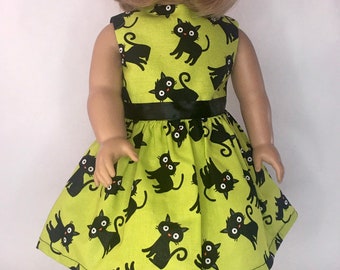 Halloween Doll Dress fits 18 inch Doll Black Cats / Bright Green