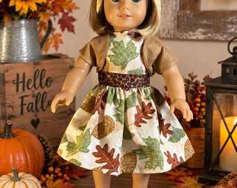 Vestido, bolero y zapatos de algodón hechos a mano con estampado de hojas de otoño para muñeca. Se adapta a muñecas de 45 cm (18 pulgadas).