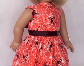 Halloween Doll Dress fits 18 inch Doll Black Spiders / Webs / Orange