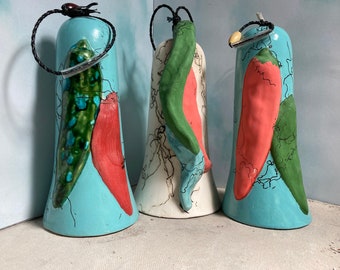 ON SALE NOW! 2024 Hanging chile bell wind chimes, Taos Pueblo, southwestern, horsehair pottery