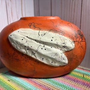 Burnt Orange Horsehair Fired Vase: Turkey Feather Detail, Home Decor