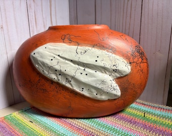 Burnt Orange Horsehair Fired Vase: Turkey Feather Detail, Home Decor