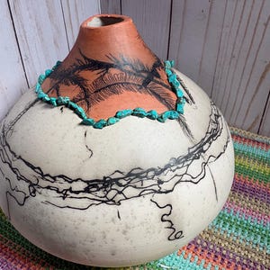 Brunt Orange Inspiration Bowl: Horsehair Feather Fired, Turquoise Stone