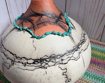 Brunt Orange Inspiration Bowl: Horsehair Feather Fired, Turquoise Stone