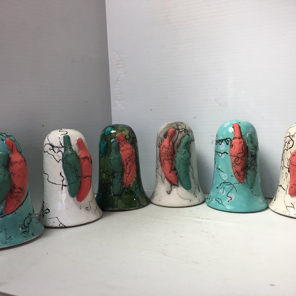 2023/4 mini Xmas wind chimes, Southwestern Red, Green, and Turquoise NM Chile's, ceramic clay, horsehair fired, Xmas gift