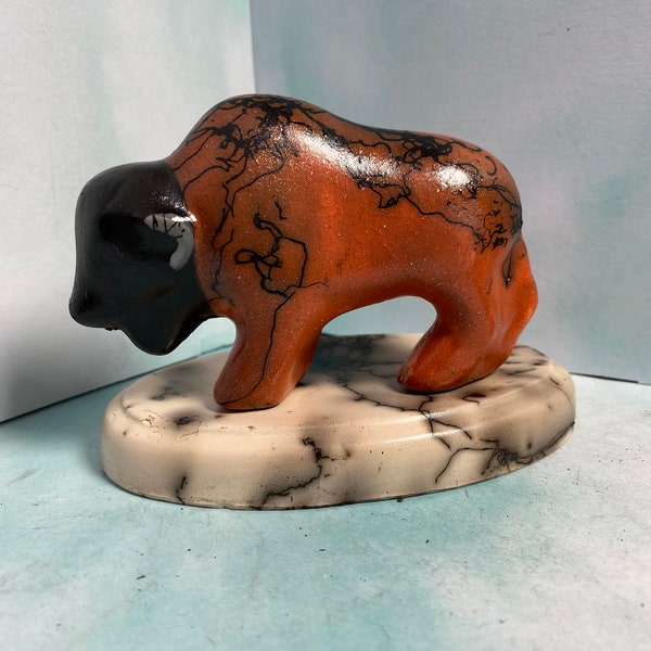 2023 Buffalo mini size, Red and Black marking, turquoise eyes, horsehair fired, Home decor, office shelf , desk