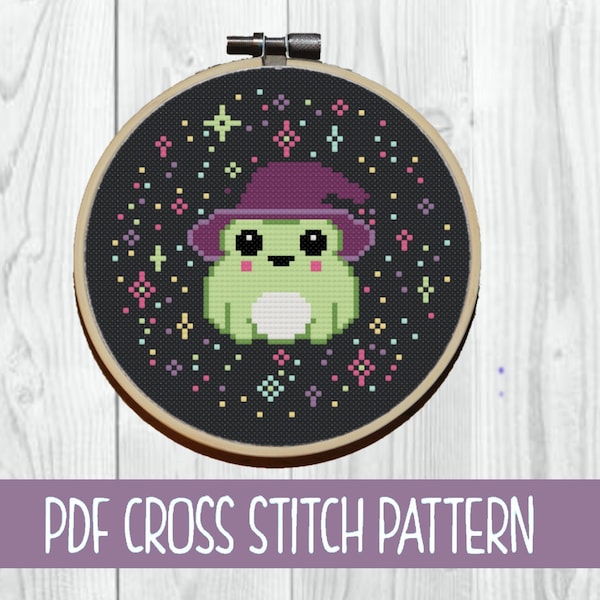 Patrón de punto de cruz de rana bruja mágica / Descarga en PDF de animal kawaii de Halloween