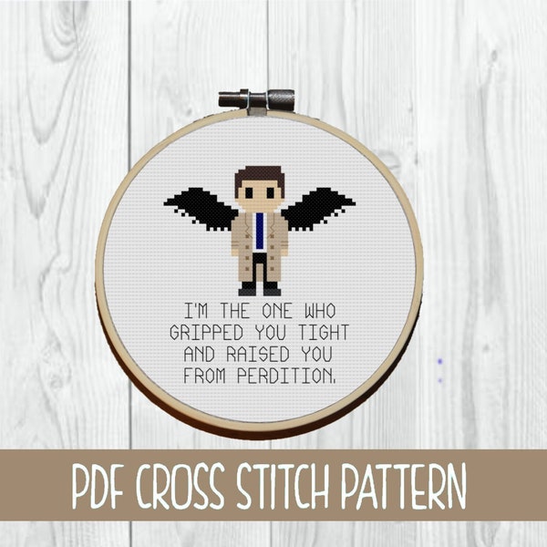 Supernatural Castiel Large w/wings Quotes Cross Stitch Patterns - 2 quote variations | Liquor Store | Raised You From Perdition | Funny |