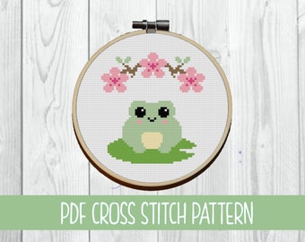 Sakura Froggy Cross Stitch Pattern | Kawaii cross stitch | Cute cross stitch | Frog | Cherry blossom
