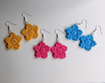 Crocheted Star Earrings, Crochet Yellow Star Summer Statement Earrings, Star Dangle Earrings, Crochet Pink Star Earrings, Gift for Her