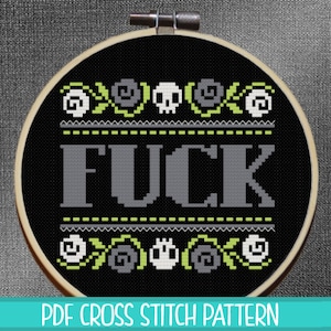 Motif de point de croix tête de mort et roses - 2 variations de couleurs | Jure point de croix | Point de croix sarcastique | Point de croix subversif |