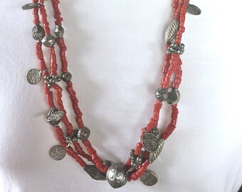 Chunky Red Bead Statement 30” Necklace Pewter Beads #4-1