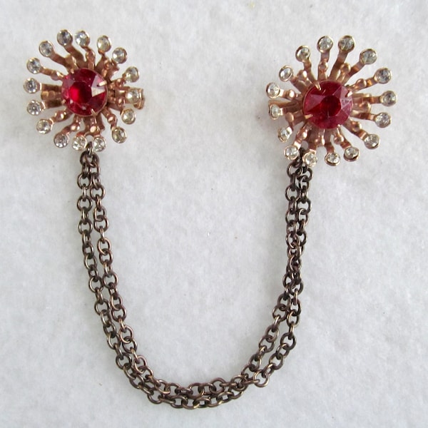 Vintage MCM Sweater Guard Chain Clear & Red Rhinestone Flower Pins #66-10