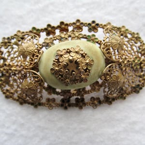 Vintage Victorian Brass Sash Pin Delicate Filigree enamel flowers  #48-1
