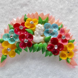 Lovely Vintage 1950 Crescent Pastel Shell Pin with Flowers and Rhinestones #31-10