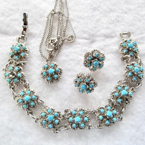 Opaque Turquoise Rhinestone Necklace/Bracelet & Pierced Earrings #35-10