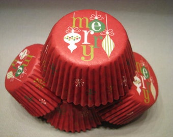 50 Premium Red Merry Christmas Holiday Cupcake Wrappers/ Baking Cups/ Cupcake Liners