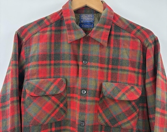 Vintage Pendleton Red Plaid Wool Board Shirt – 60s Loop Collar Made USA