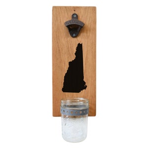 New Hampshire Bottle Opener With NH State Map, Motto or Flag Graphic - Wall Mounted Wood Board, Beer Cap Catcher and Cast Iron Opener