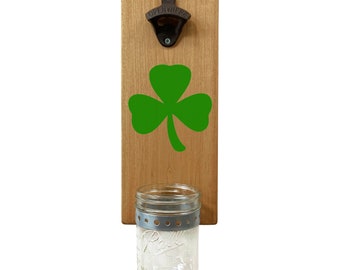 Shamrock Bottle Opener - Wall Mounted Rustic Wood Board With Removable Cap Catcher and Cast Iron Opener - Irish Gift and Beer Decor