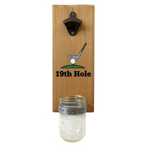 19th Hole Bottle Opener - Wall Mounted Rustic Wood Board With Removable Cap Catcher and Cast Iron Opener - Golf Gift and Beer Decor