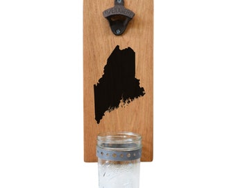 Maine Bottle Opener With State Map Silhouette or State Flag Graphic - Wall Mounted Wood Board, Beer Cap Catcher and Cast Iron Opener
