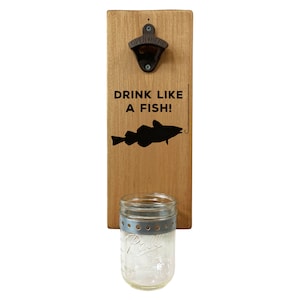Drink Like A Fish Bottle Opener - Wall Mounted Rustic Wood Board, Removable Cap Catcher and Cast Iron Opener - Fishing Gift and Beer Decor