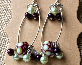Wine Country Silver Teardrop Earrings | Wire, Glass Pearl, & Art Bead Earrings | Dangle and Drop, Cluster Earrings | A Perfect Handmade Gift