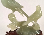 Serpentine Jade Bird Couple Statue on Rosewood Display Stand Chinese Translucent Pale Celery Green Jade Stunning Ancient Hand Carved Figure