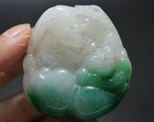 Jade Placard Mad Monk w Peach Pendant Amulet Glossy Icy White w Apple Green Ancient Hand Carved Lucky Talazman